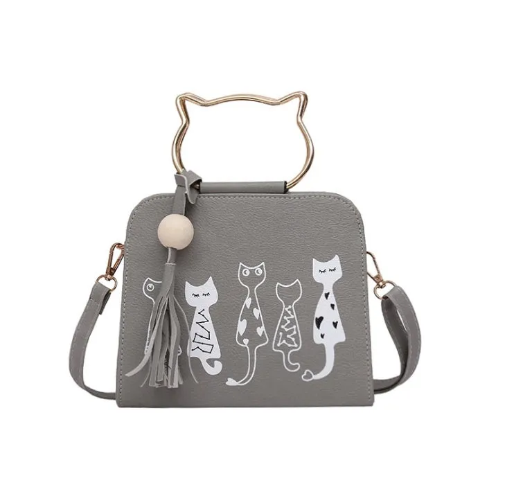 Women's small square cat cross-body handbag in PU fabric with zipper closure, Korean style, available in multiple colours