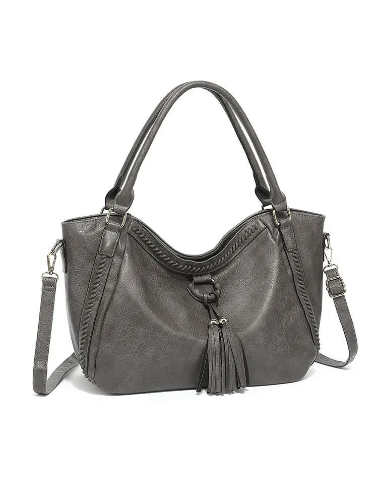 Women's retro PU leather bucket shoulder messenger bag in black with small bag option