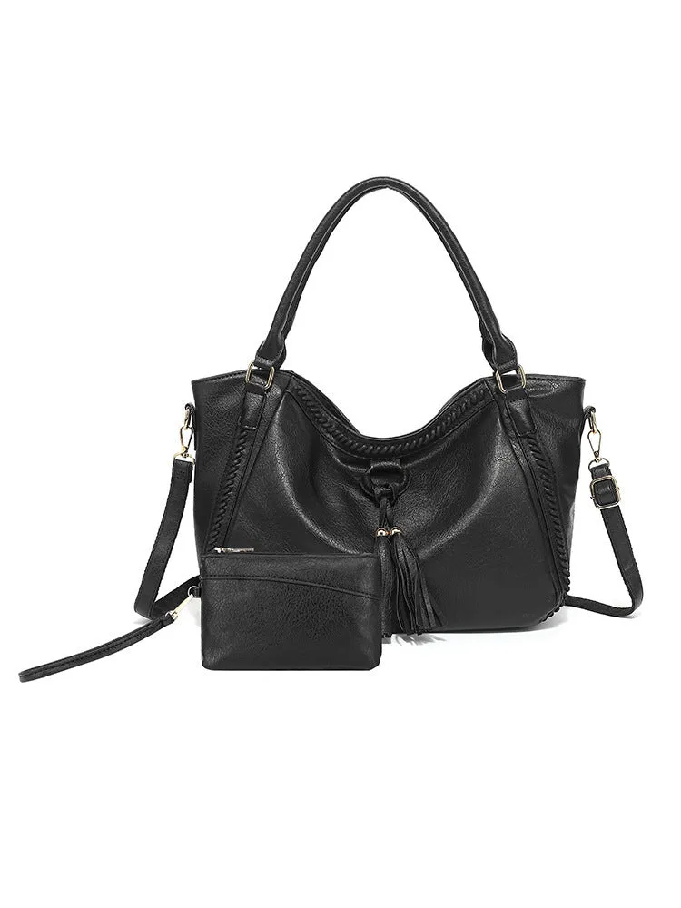 Women's retro PU leather bucket shoulder messenger bag in black with small bag option