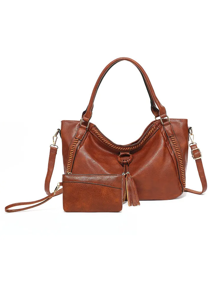 Women's retro PU leather bucket shoulder messenger bag in black with small bag option