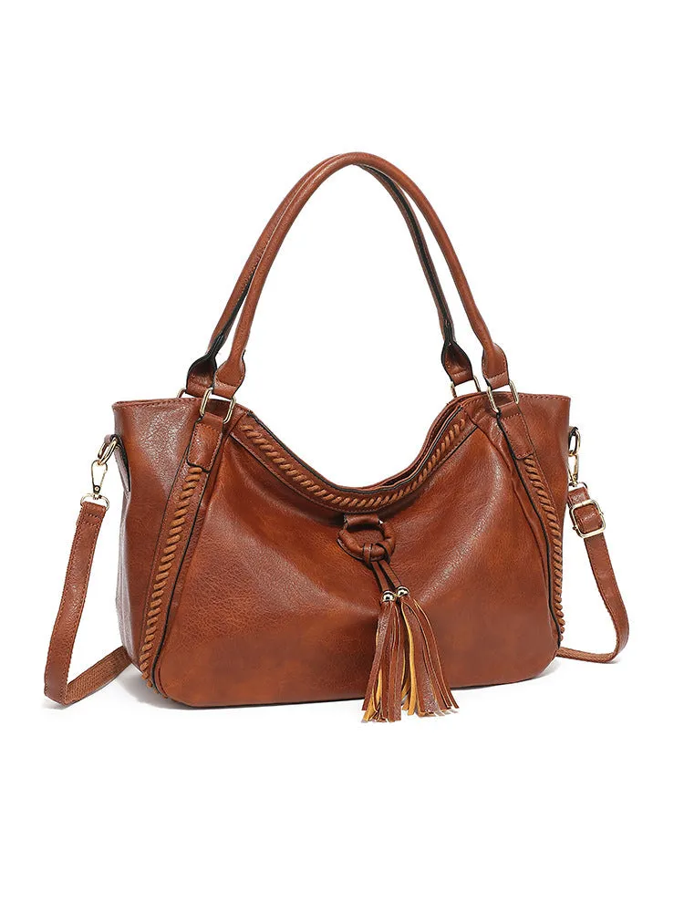 Women's retro PU leather bucket shoulder messenger bag in black with small bag option