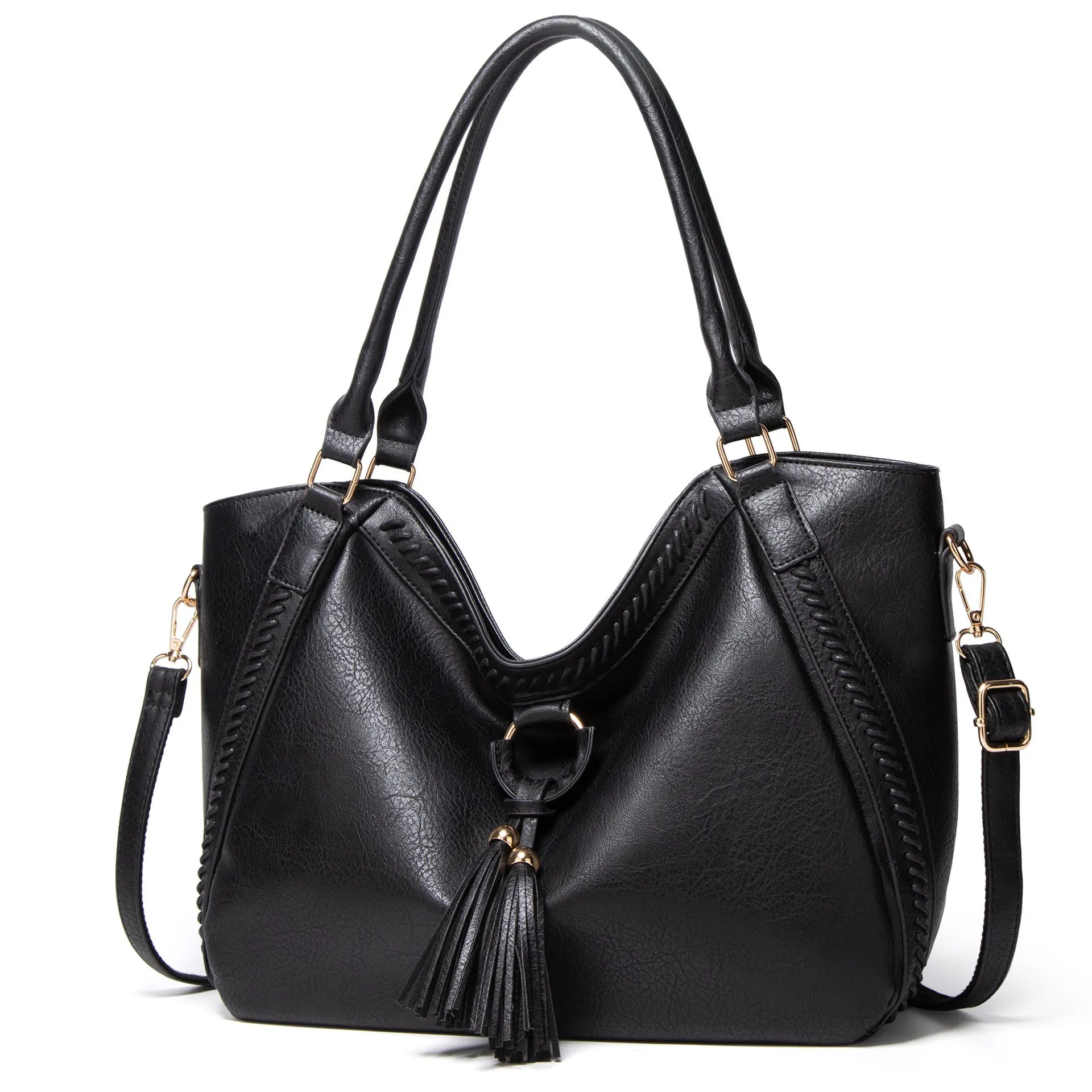 Women's retro PU leather bucket shoulder messenger bag in black with small bag option