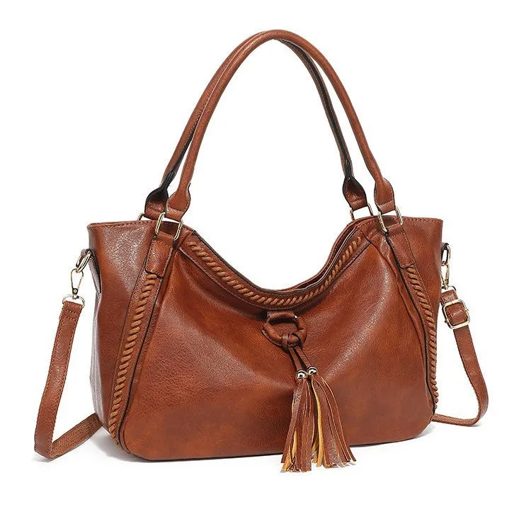 Women's retro PU leather bucket shoulder messenger bag in black with small bag option