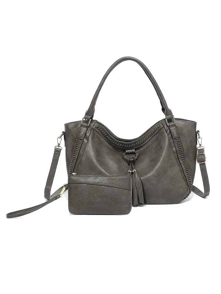 Women's retro PU leather bucket shoulder messenger bag in black with small bag option