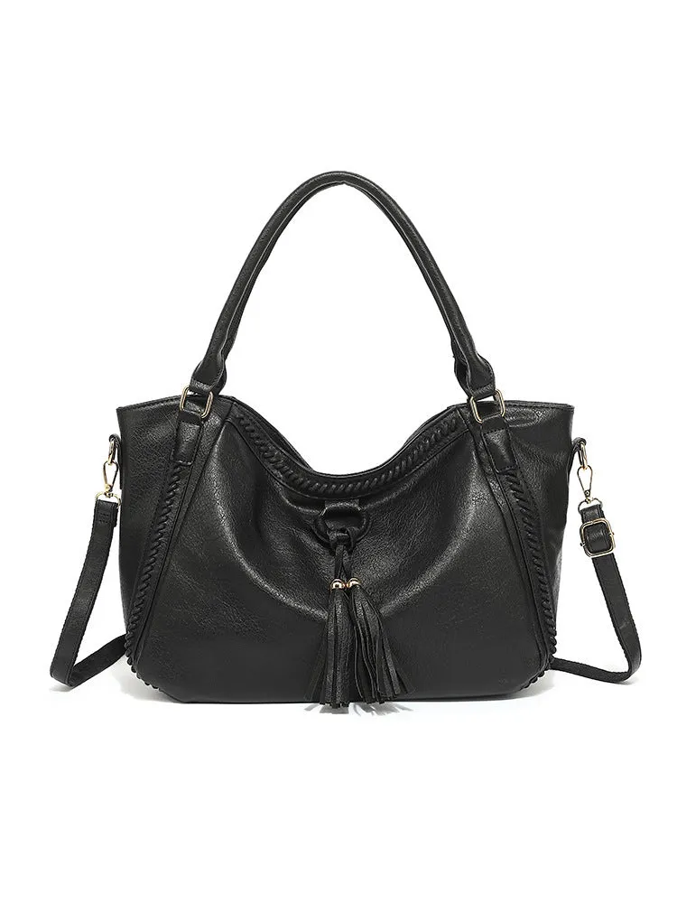 Women's retro PU leather bucket shoulder messenger bag in black with small bag option