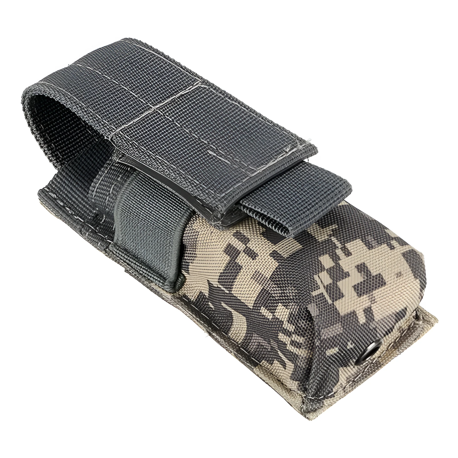 Black Molle tactical waist bag with elastic cord buckle, shown with dimensions 14cm x 5.5cm x 4cm.