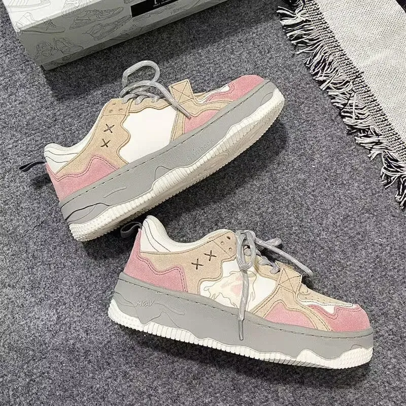 Pink retro student sneakers for women with rubber sole and artificial PU upper, sizes 35 to 40
