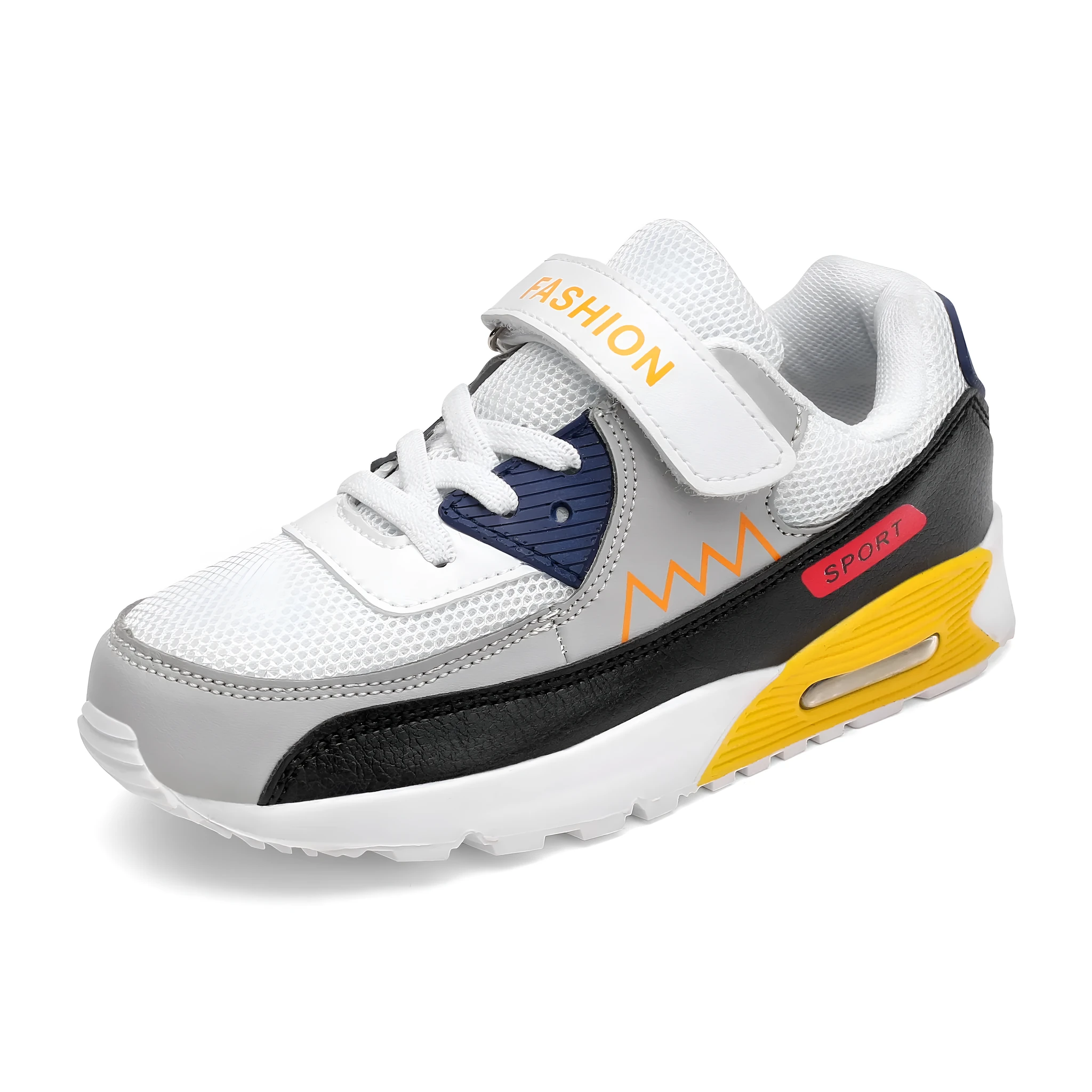 Autumn children breathable mesh sports shoes with Velcro fastening, grey orange colour, rubber sole
