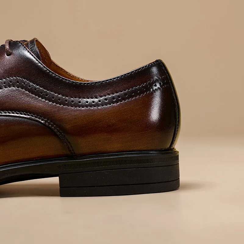 Men's leather Oxford brogue shoes in black and dark brown with round toe and rubber sole