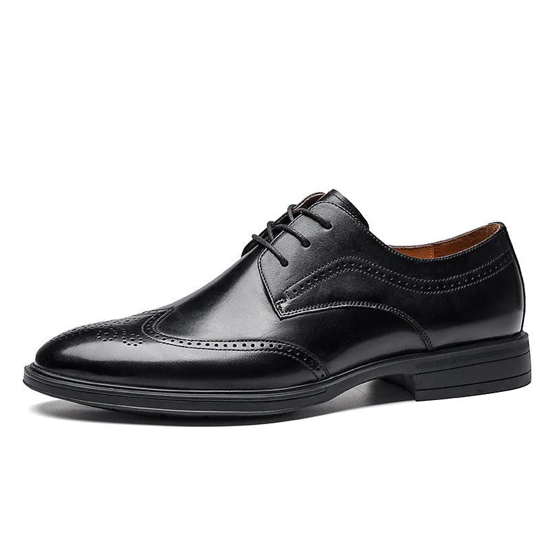 Men's leather Oxford brogue shoes in black and dark brown with round toe and rubber sole
