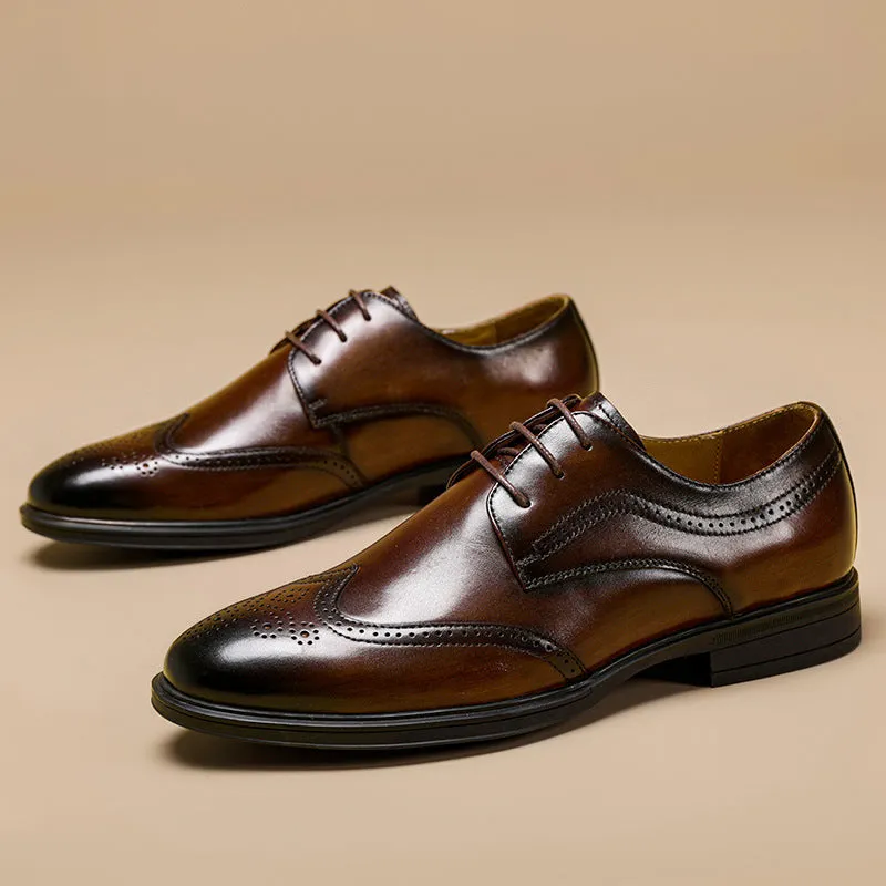 Men's leather Oxford brogue shoes in black and dark brown with round toe and rubber sole