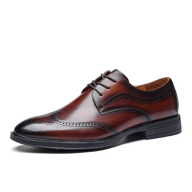 Men's leather Oxford brogue shoes in black and dark brown with round toe and rubber sole