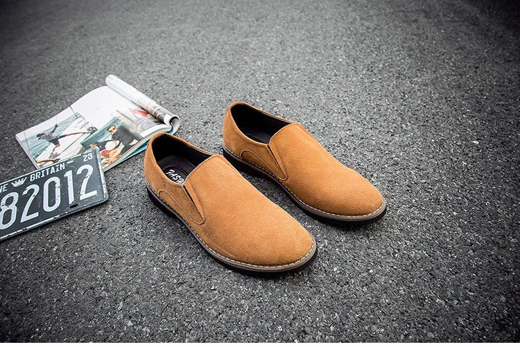 Men's frosted round toe casual leather shoes in black, low heel, slip-on style