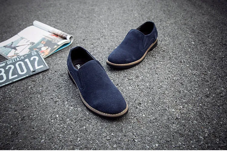 Men's frosted round toe casual leather shoes in black, low heel, slip-on style