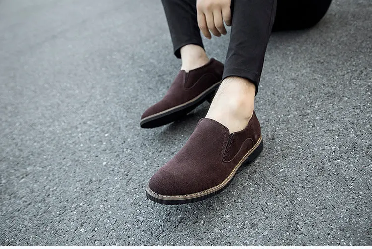 Men's frosted round toe casual leather shoes in black, low heel, slip-on style