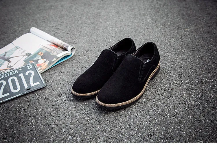 Men's frosted round toe casual leather shoes in black, low heel, slip-on style