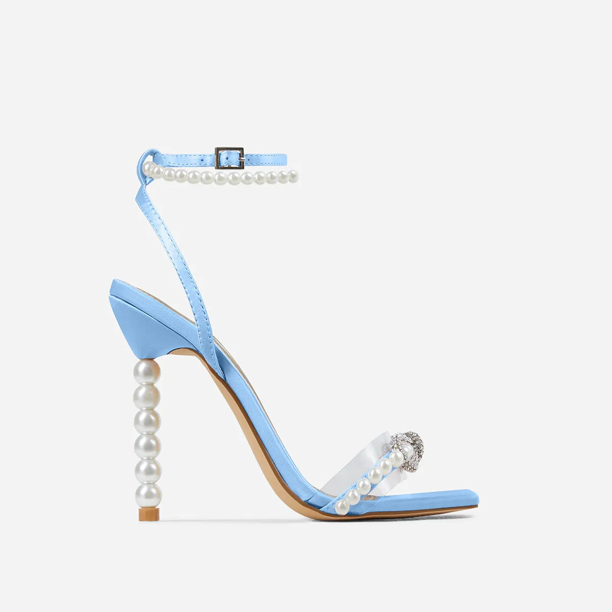Square toe stiletto heel women's shoes with rhinestone bow and pearl strap, in pink, size 37-42