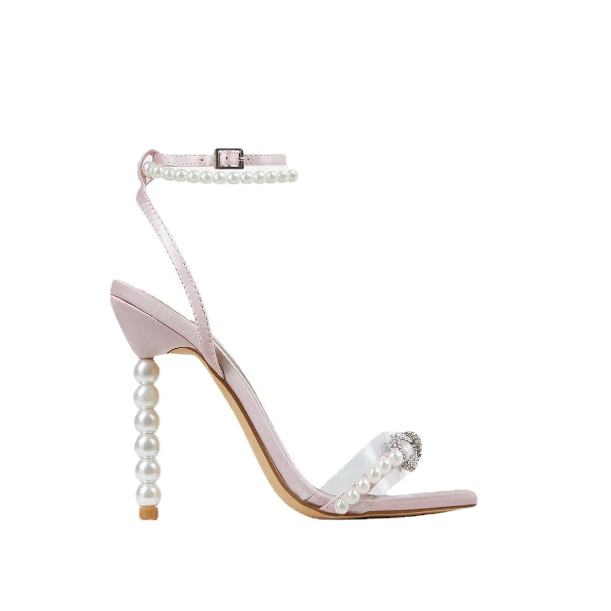 Square toe stiletto heel women's shoes with rhinestone bow and pearl strap, in pink, size 37-42