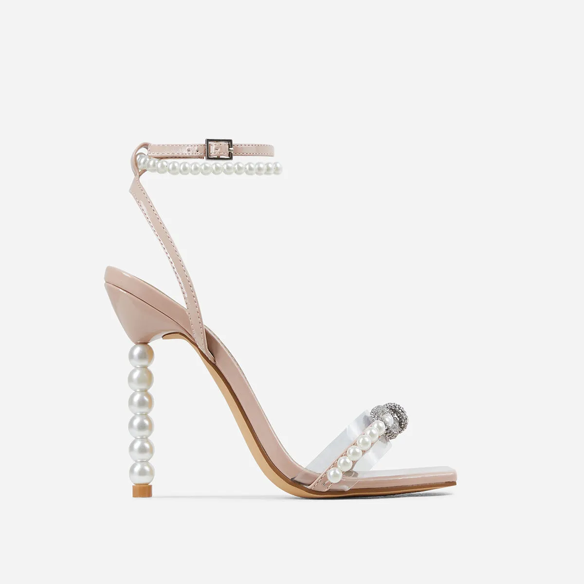 Square toe stiletto heel women's shoes with rhinestone bow and pearl strap, in pink, size 37-42