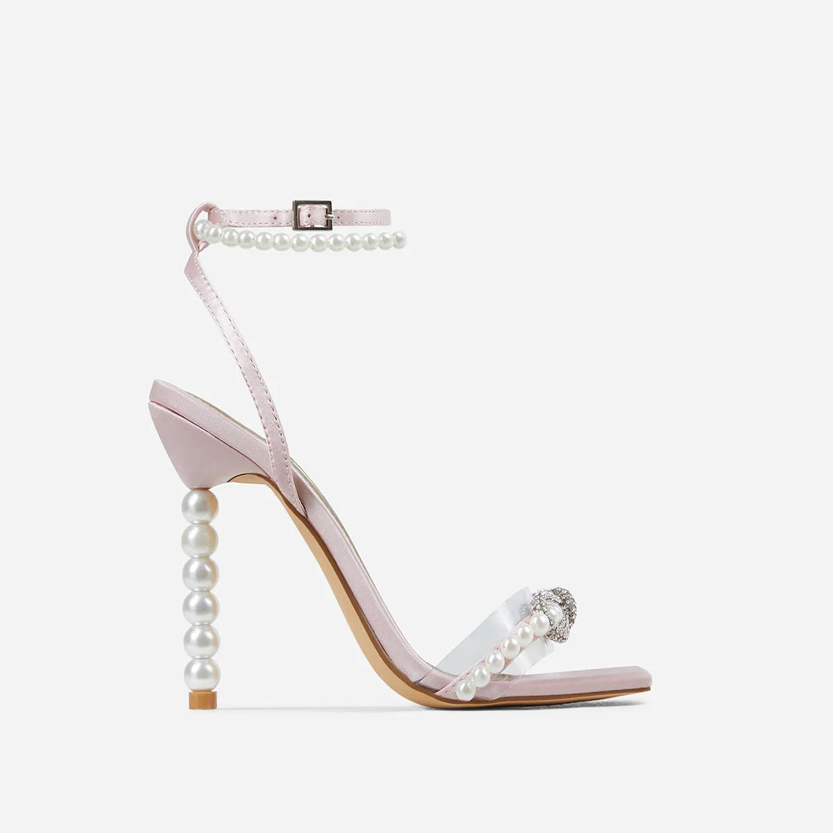 Square toe stiletto heel women's shoes with rhinestone bow and pearl strap, in pink, size 37-42