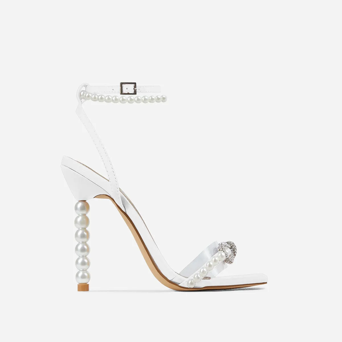 Square toe stiletto heel women's shoes with rhinestone bow and pearl strap, in pink, size 37-42