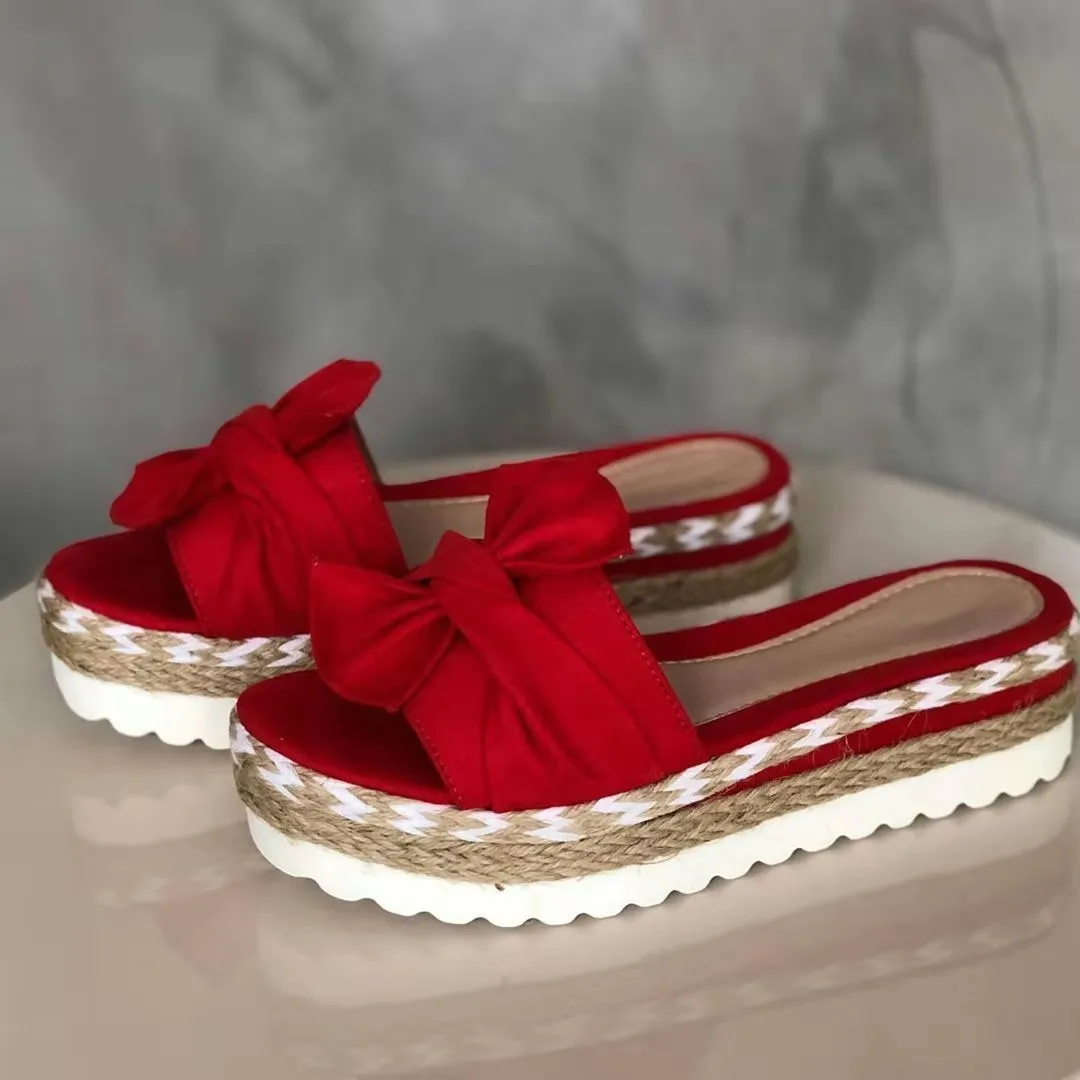 Platform wedge heel ladies bow sandals in cloth with imitation leather lining, size 35-43, multiple colours