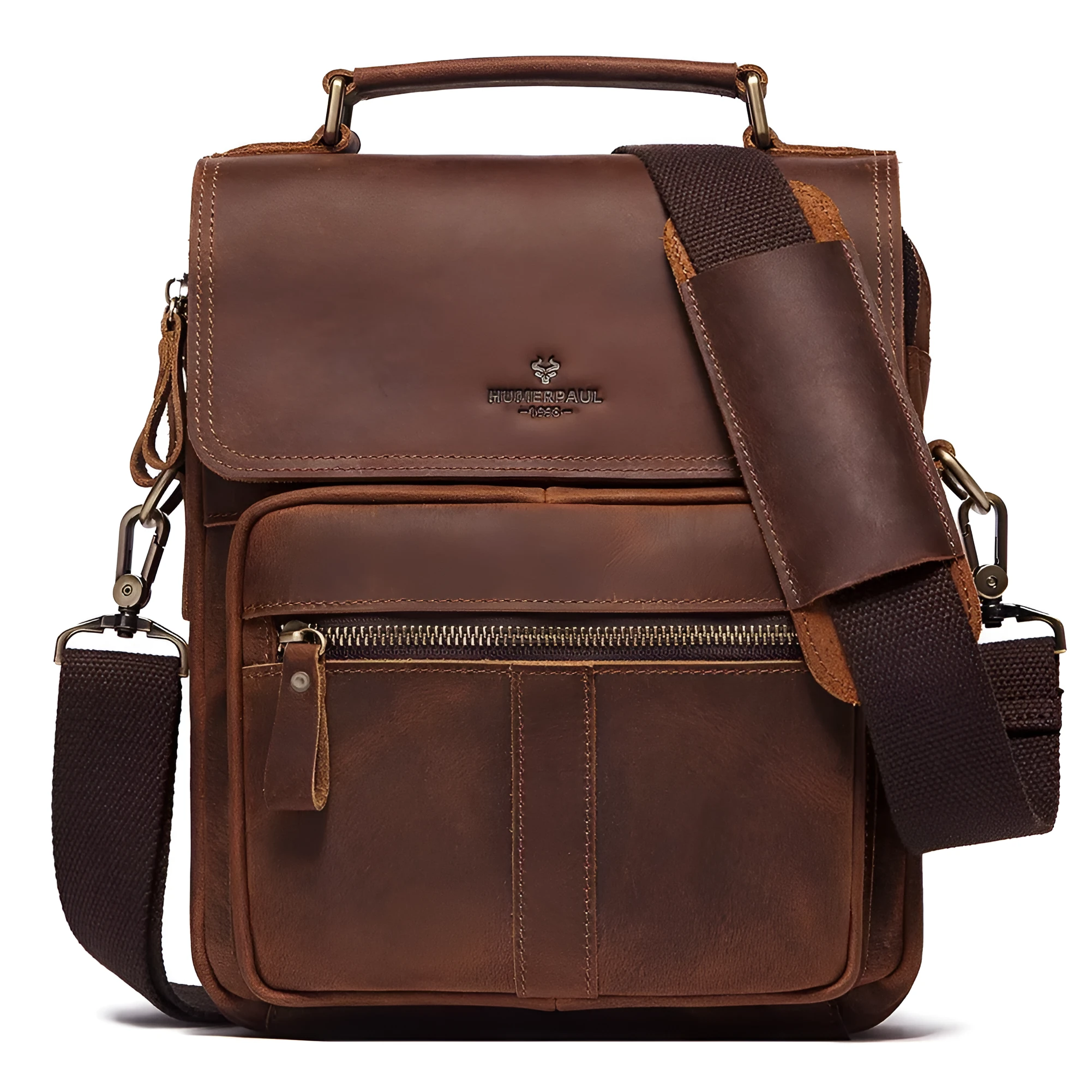 Men's brown leather shoulder bag with zipper buckle closure on soft surface