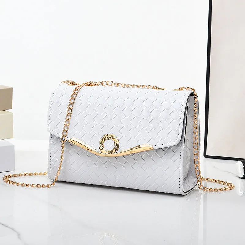 Women's PU chain shoulder messenger bag, solid colour, clamshell opening, with weave detail, available in black pink purple white