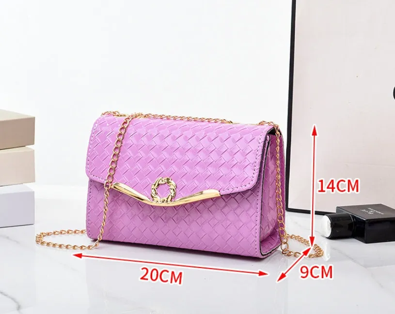 Women's PU chain shoulder messenger bag, solid colour, clamshell opening, with weave detail, available in black pink purple white