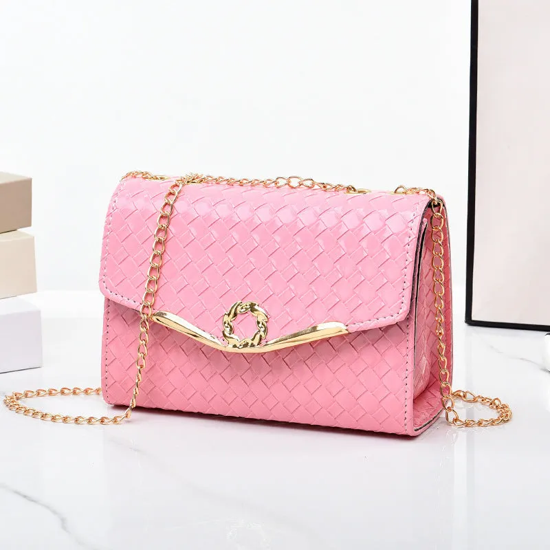 Women's PU chain shoulder messenger bag, solid colour, clamshell opening, with weave detail, available in black pink purple white