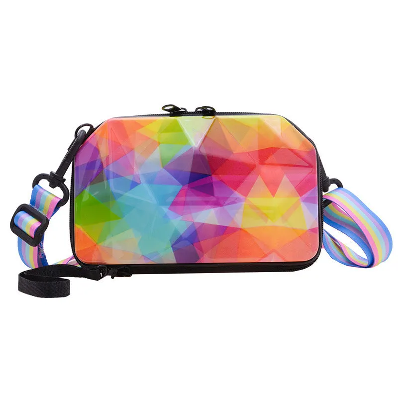 PVC one-shoulder cross body bag with geometric pattern, 18cm width, 11cm height, 110cm strap