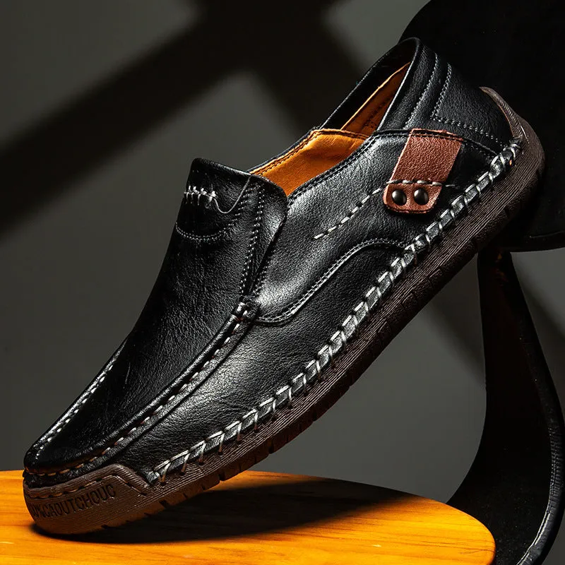 Men's casual leather shoes in black with soft rubber sole, round toe, and low heel