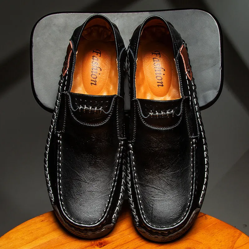 Men's casual leather shoes in black with soft rubber sole, round toe, and low heel