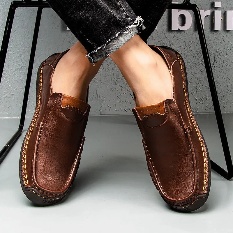 Men's casual leather shoes in black with soft rubber sole, round toe, and low heel
