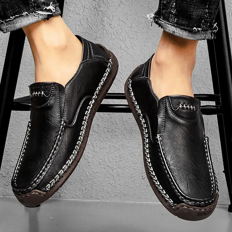 Men's casual leather shoes in black with soft rubber sole, round toe, and low heel