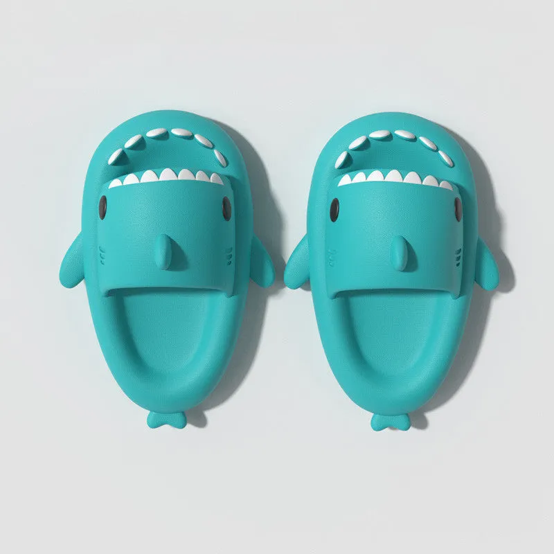 Children's summer thick bottom shark EVA slippers in multiple colours on a light background
