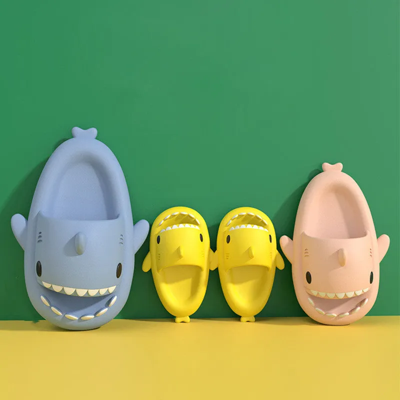 Children's summer thick bottom shark EVA slippers in multiple colours on a light background