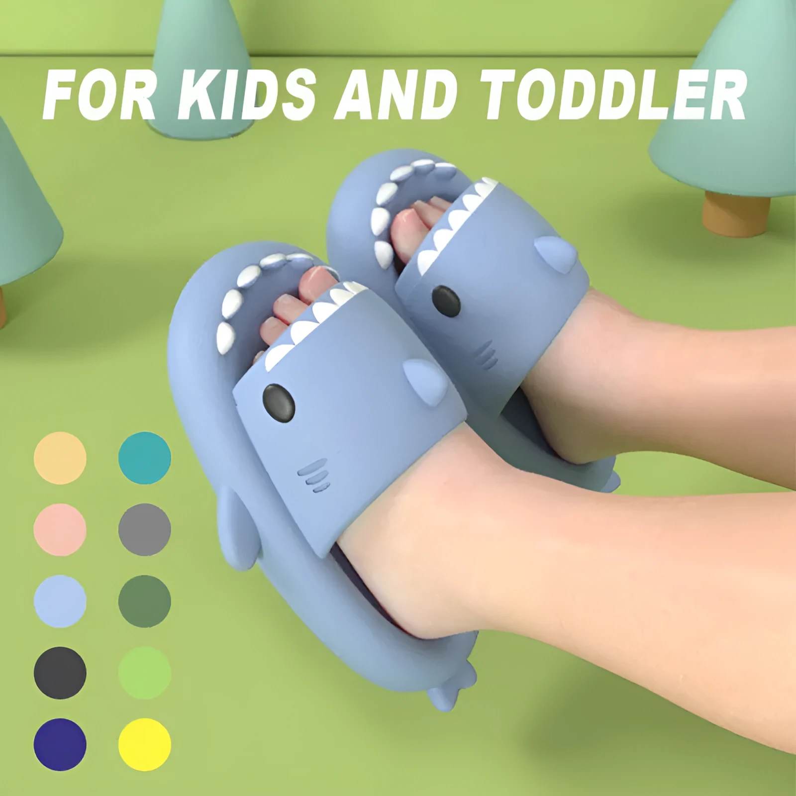 Children's summer thick bottom shark EVA slippers in multiple colours on a light background