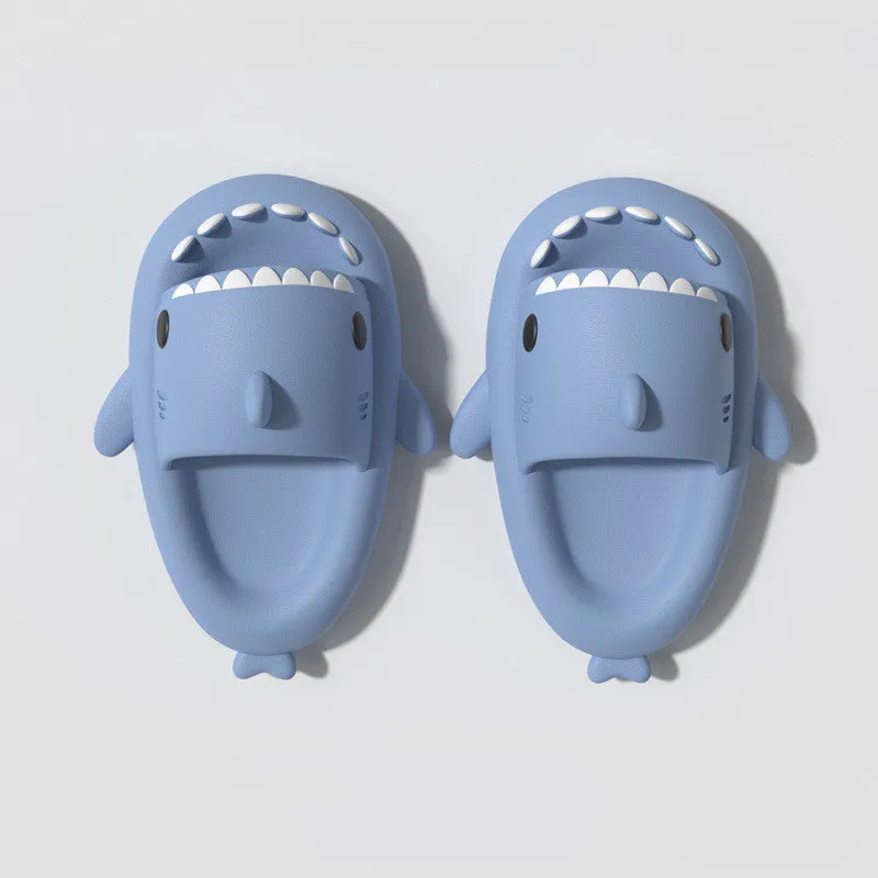 Children's summer thick bottom shark EVA slippers in multiple colours on a light background