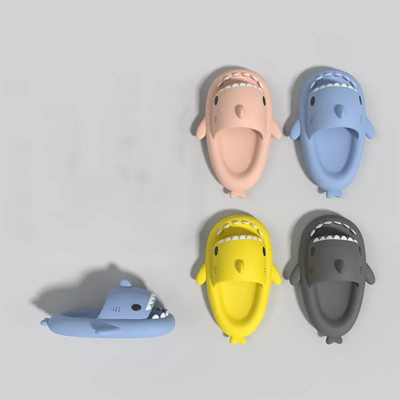 Children's summer thick bottom shark EVA slippers in multiple colours on a light background