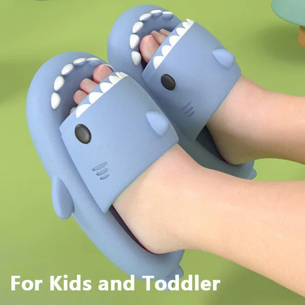 Children's summer thick bottom shark EVA slippers in multiple colours on a light background