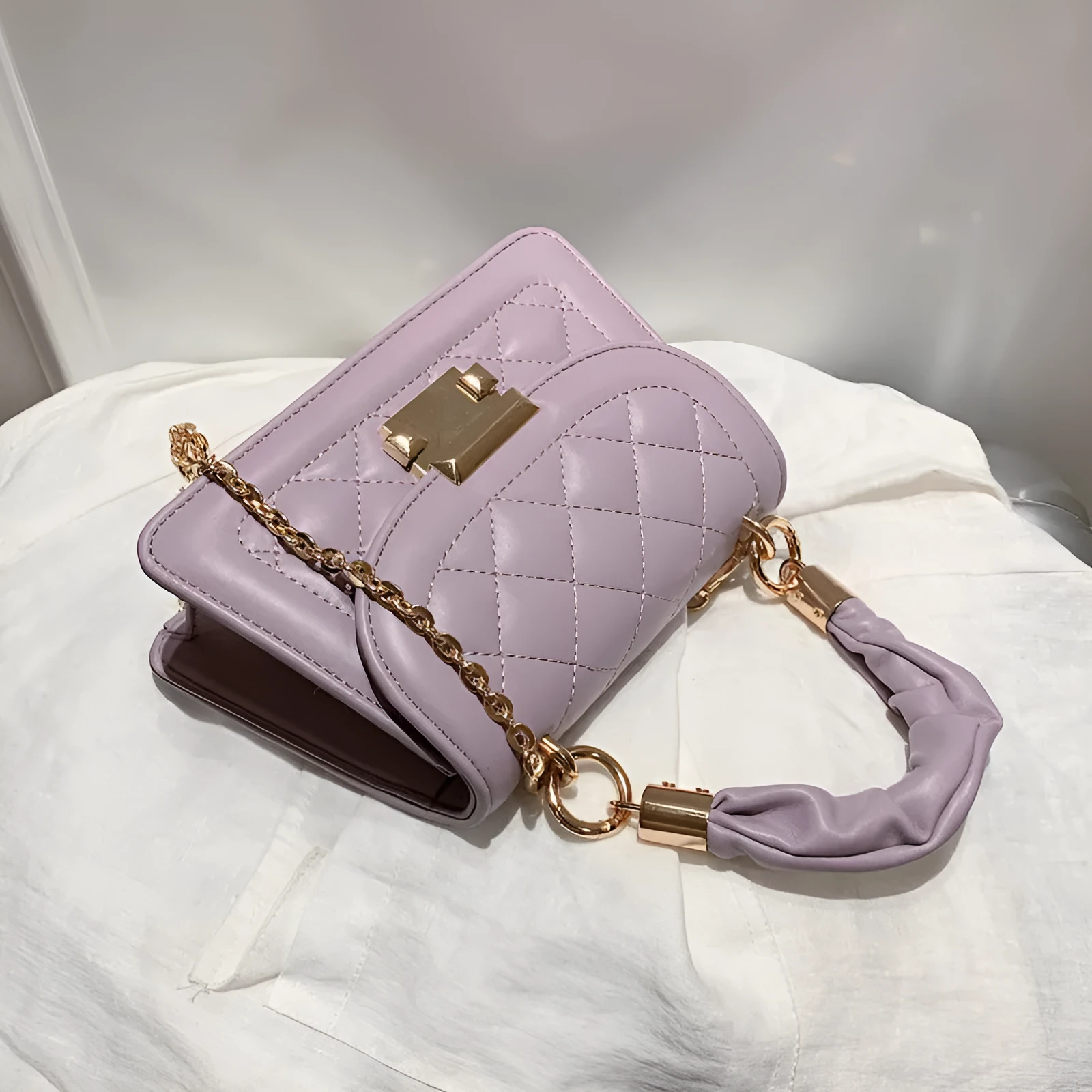 Korean style women's messenger bag with rhombus pattern on soft PU surface in purple colour