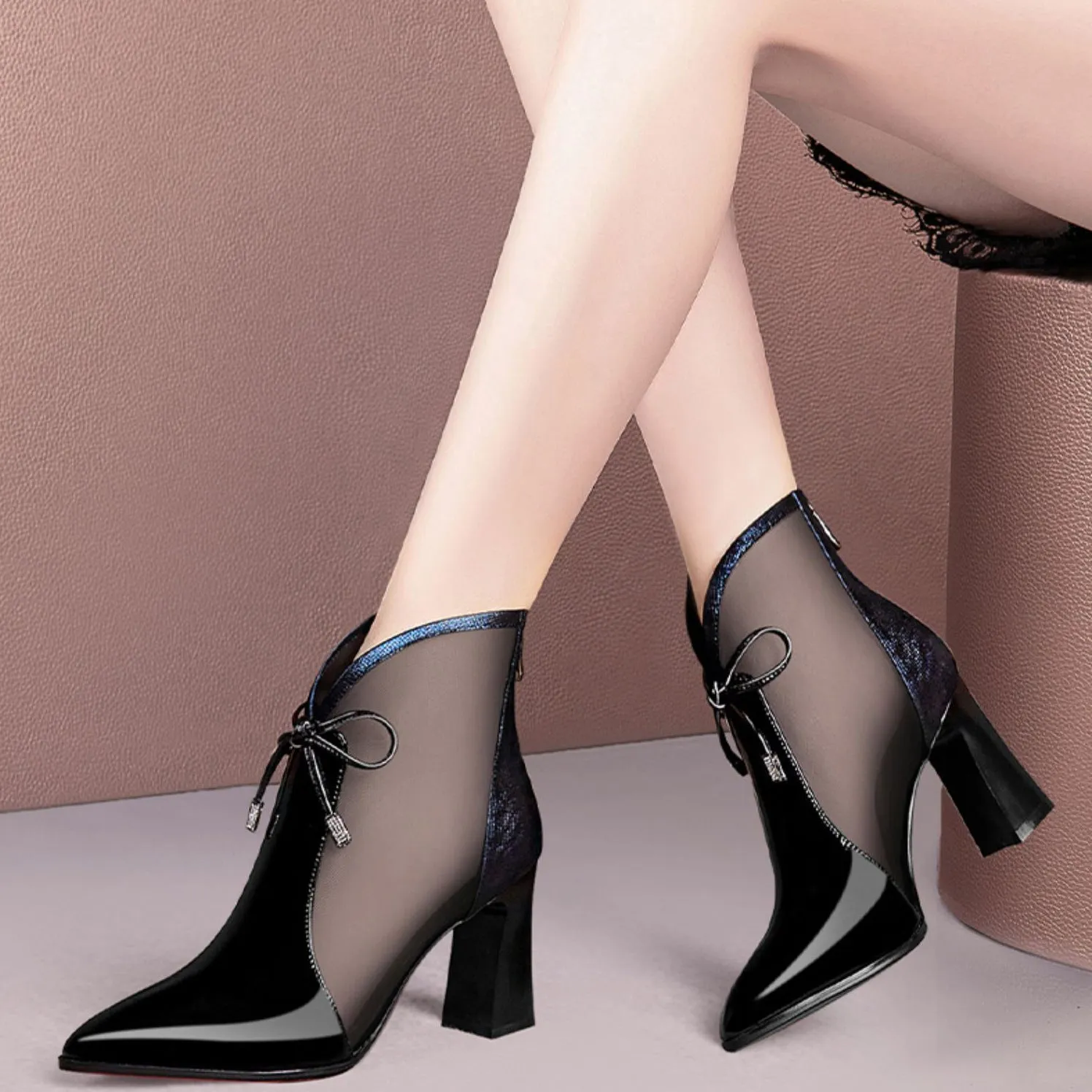 Patent leather mesh high heel boots in burgundy with pointed toe and back zipper