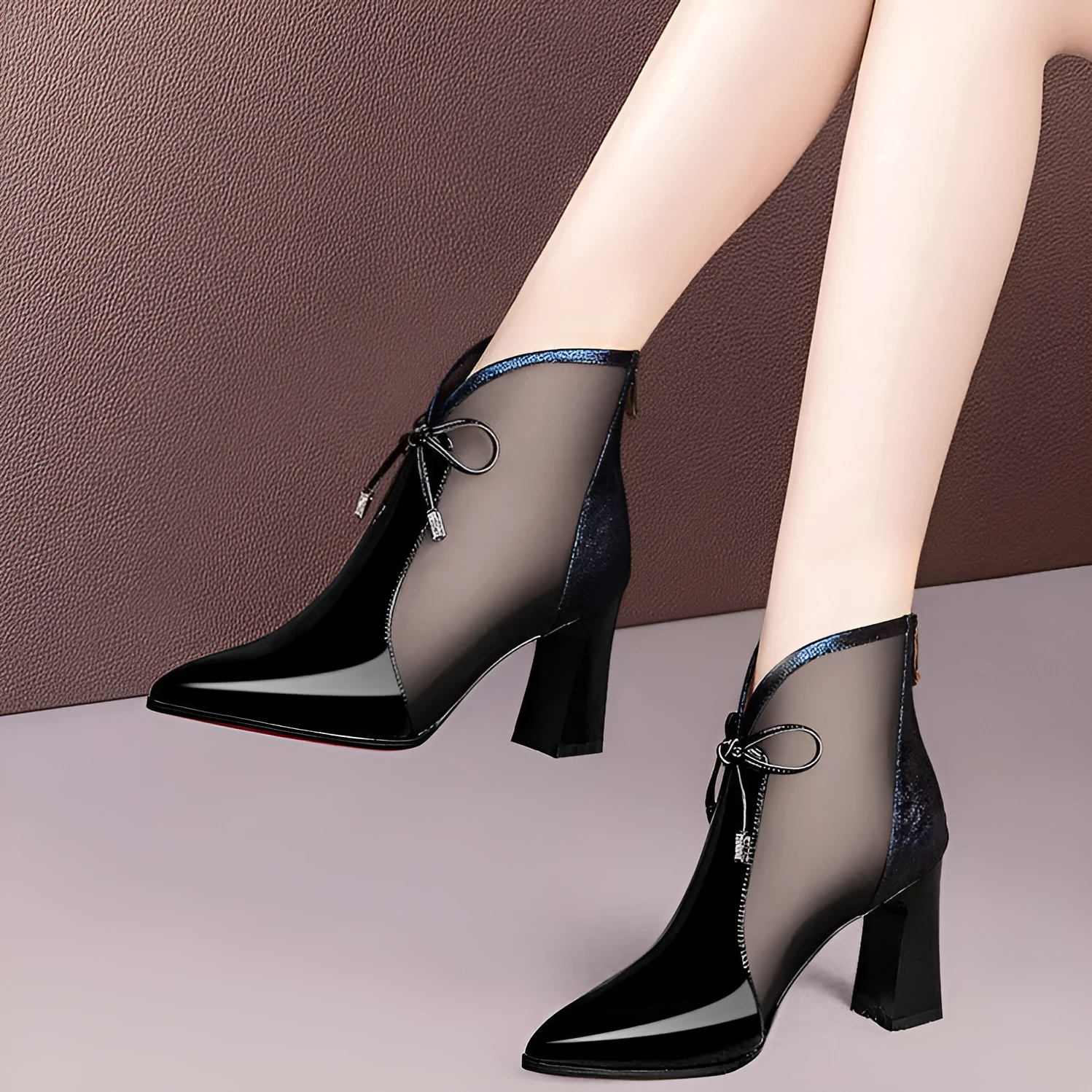 Patent leather mesh high heel boots in burgundy with pointed toe and back zipper