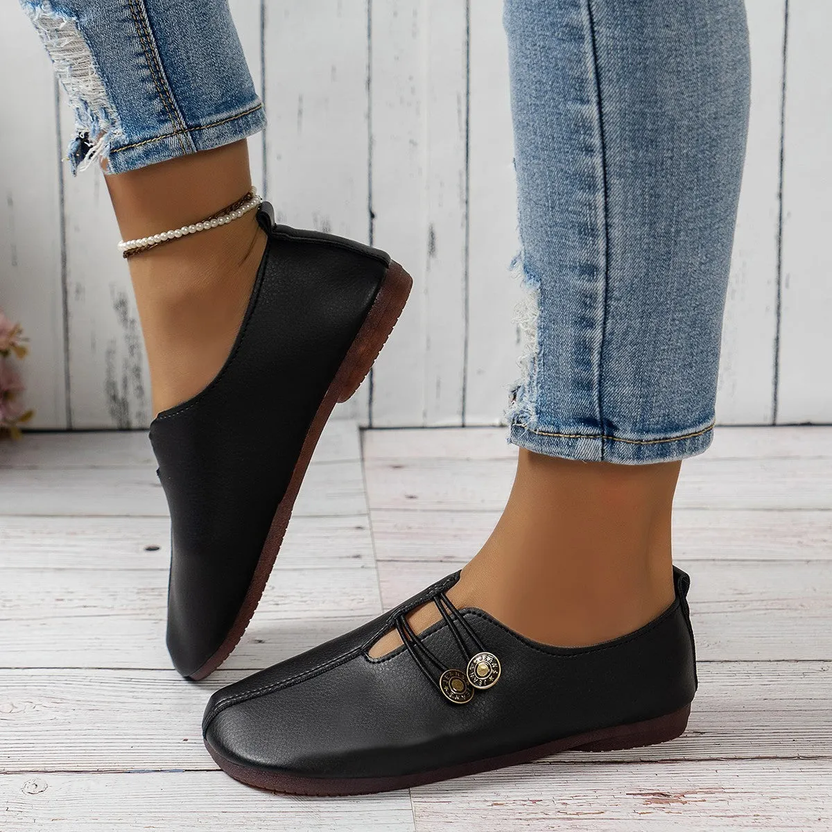 Women's casual square toe slip-on button loafers flat heel artificial PU TPR sole beige black wine red