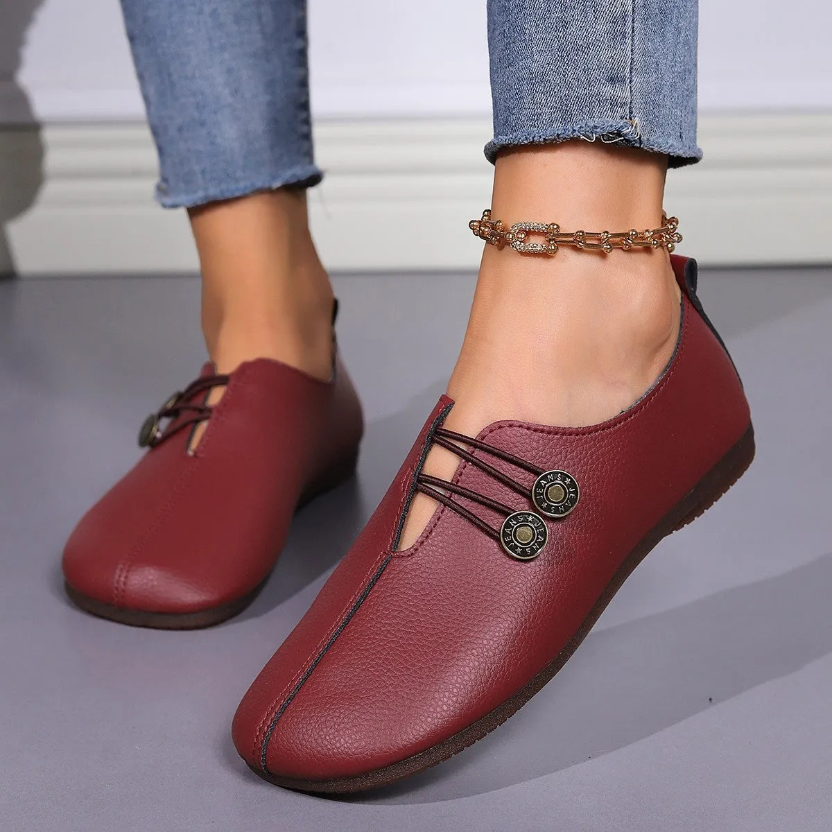 Women's casual square toe slip-on button loafers flat heel artificial PU TPR sole beige black wine red