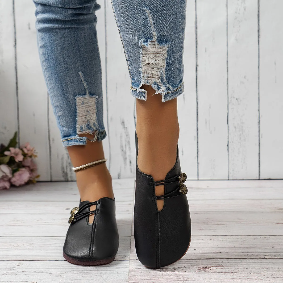 Women's casual square toe slip-on button loafers flat heel artificial PU TPR sole beige black wine red
