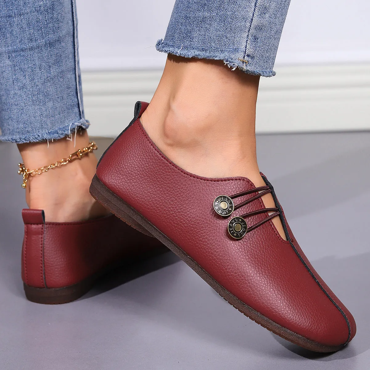 Women's casual square toe slip-on button loafers flat heel artificial PU TPR sole beige black wine red
