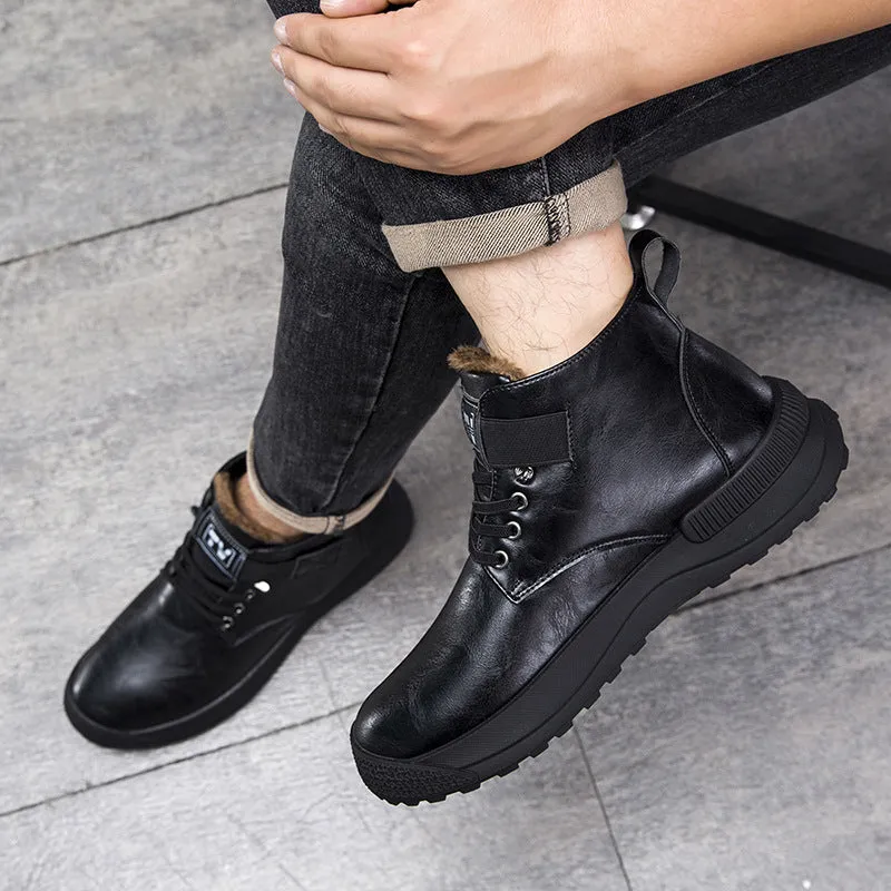 Black high-top platform Martin boots with a velvet-textured upper and thick rubber sole.