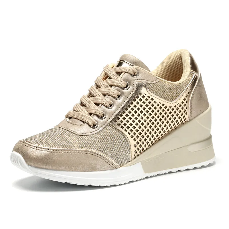 Women's PU lace-up height increasing sneakers 6.5cm round toe casual walking shoes Black Gold Grey Leopard